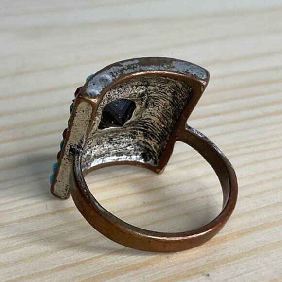 Silver Tone Multicolored Enamel Beaded Red Blue Square Black Faceted Ring - Picture 3 of 4